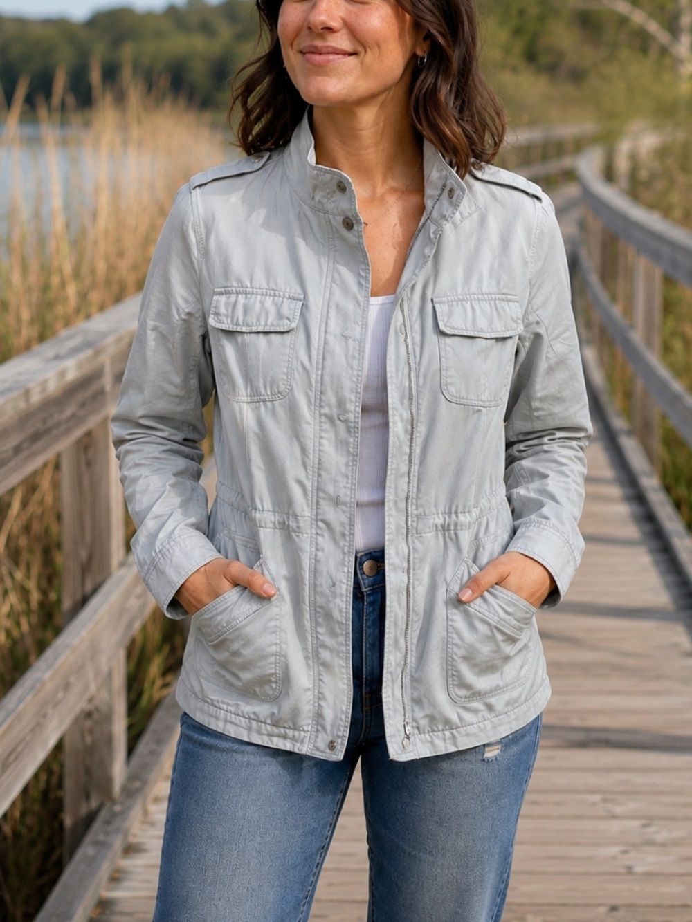 Hinge Gray Twill Utility Jacket Small Lightweight Military Safari Moto 90s Style
